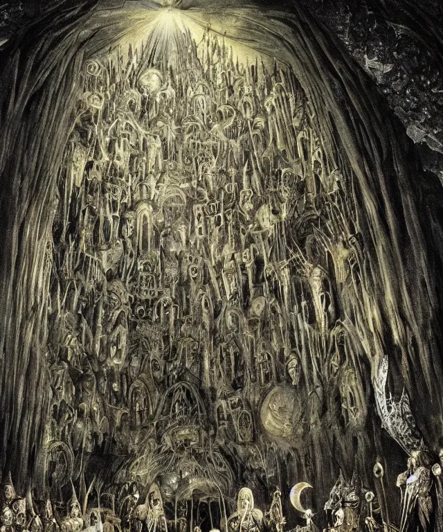 Image similar to mines of moria, khazad dum, halls of durin, middle earth, jrr tolkien, a bright orb of light in the center of a grand hall, outer edges fade into pitch black, creatures crawling out from the darkness toward the light, in the style of hieronymus bosch