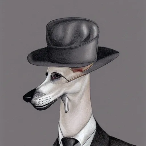 Prompt: Portrait of an anthropomorphic White Greyhound Mafia Don wearing a black fedora hat and holding a smoking cigar in a smoky room. Very high quality. Drawn by James Christensen