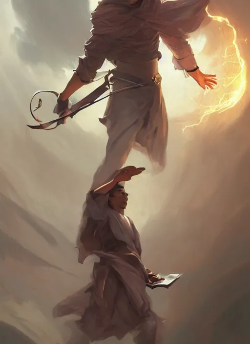 Image similar to character concept portrait of an attractive young Spanish wizard with tan skin conjuring a wind spell, a floating iridescent spell book in the center, intricate, elegant, digital painting, concept art, smooth, sharp focus, illustration, from Metal Gear, by Ruan Jia and Mandy Jurgens and William-Adolphe Bouguereau, Artgerm