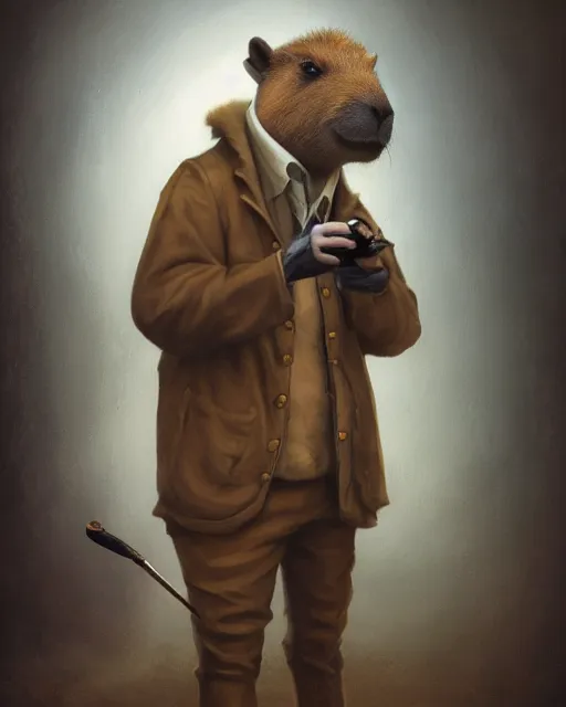 Image similar to oil painting of the profile side of a realistic anthropomorphized capybara holding a smoking pipe in his right hand, with old detective clothes, close shot, full body, dark steampunk mine shaft background, sharp focus, fantasy style, octane render, volumetric lighting, 8k high definition, by greg rutkowski, highly detailed, trending on art Station, dungeons and dragons artwork, centered