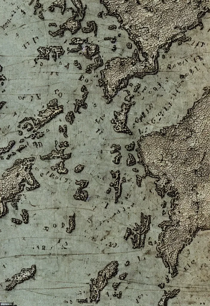 Prompt: a weathered detailed map of a deserted island that shows the location of a pirate’s buried treasure