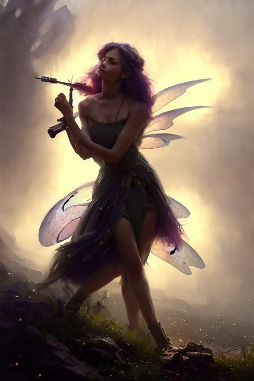 Image similar to cinematic shot of an epic portrait of a fairy dressed in military clothes, shiny skin, beautiful eyes, beautiful, small details, night setting, realistic poster with volumetric light from craig mallism, artgerm, jeremy lipkin and michael garmash, unreal engine, radiant light, detailed and complex environment, digital art, trends at art station, a masterpiece