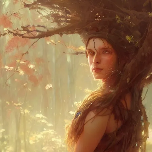 Image similar to a beautiful portrait of a forest goddess by Greg Rutkowski and Raymond Swanland, Trending on Artstation, ultra realistic digital art