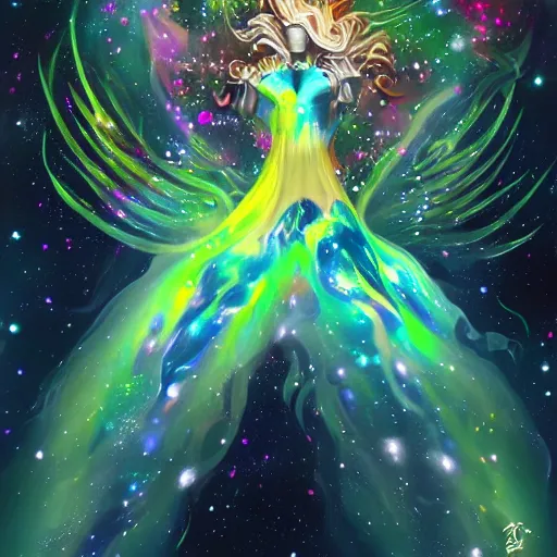 Image similar to lady gaga, galaxies and nebula flowing out of his body, artgerm, psychedelic floral planets, studio ghibli painterly style, trending on artstation