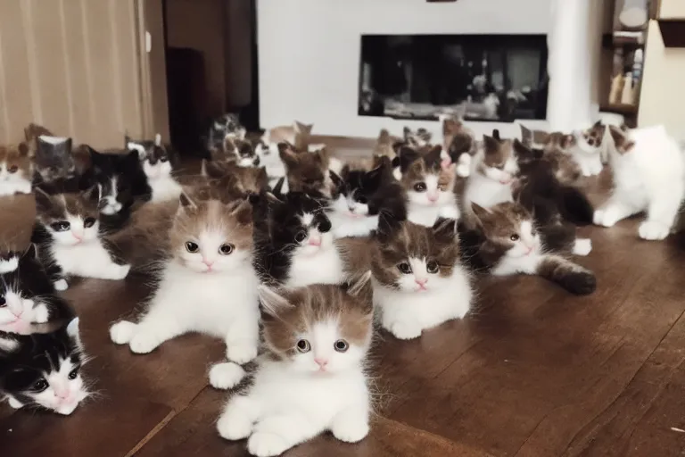 Image similar to a living room full of cute kittens that are all sitting positioned directly at the camera and all of the kittens are looking directly into the camera