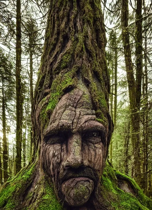 Prompt: a digital 3 d hyperrealistic ancient tree with an old man face covered with bark, eyebrows and mustache made of moss, in a dark mysterious forest at night, dramatic mysterious lighting,