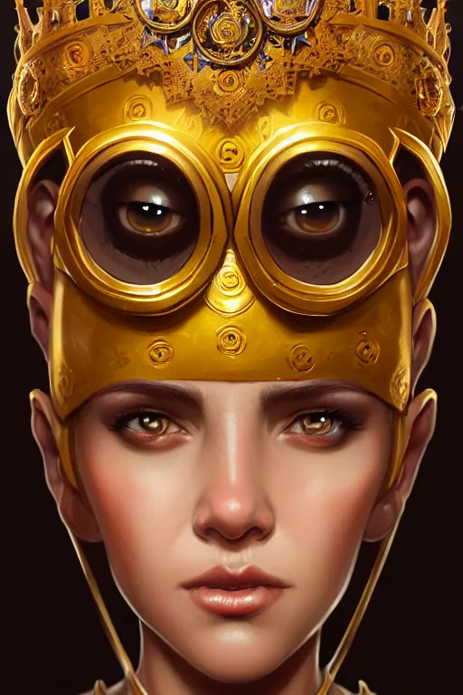 Prompt: highly detailed portrait of a minion, ornate crown, beautiful symmetrical face, glowing skin, digital painting, artstation, concept art, smooth, clear focus, illustration, greg rutkowski, artgerm, global lighting, detailed and fantasy