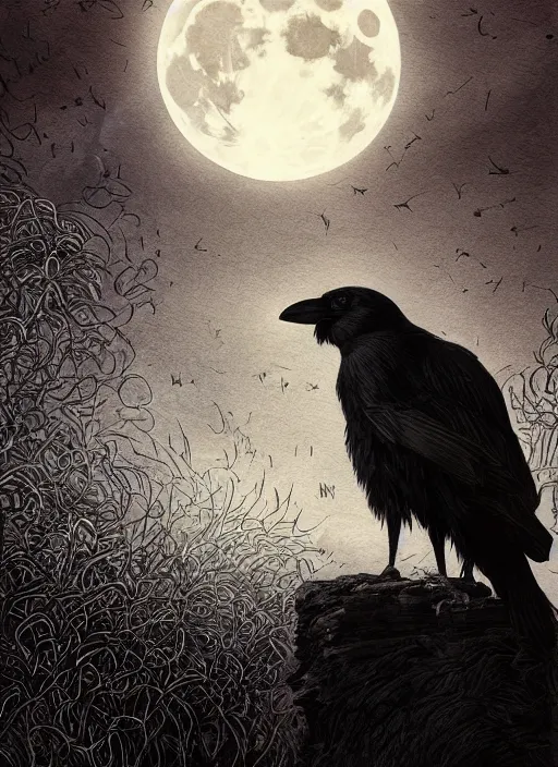 Image similar to portrait, A crow in front of the full big moon, book cover, red white and black colors, establishing shot, extremly high detail, foto realistic, cinematic lighting, pen and ink, intricate line drawings, by Yoshitaka Amano, Ruan Jia, Kentaro Miura, Artgerm, post processed, concept art, artstation, matte painting, style by eddie mendoza, raphael lacoste, alex ross