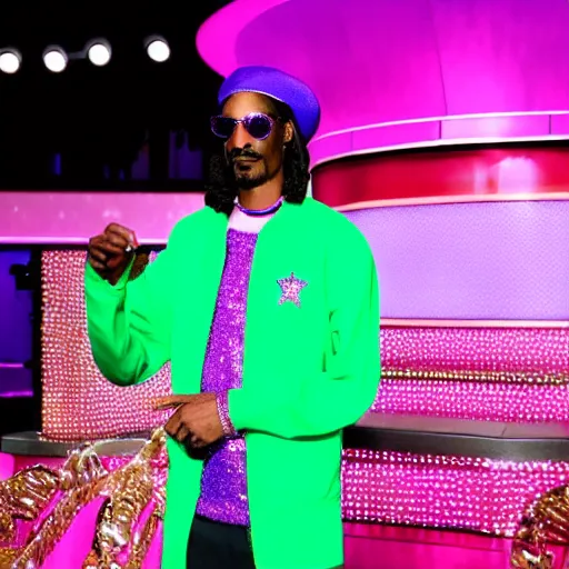 Prompt: Snoop Dogg wearing a pink sequin jacket and a sombrero, standing hosting a game show stage, studio lighting