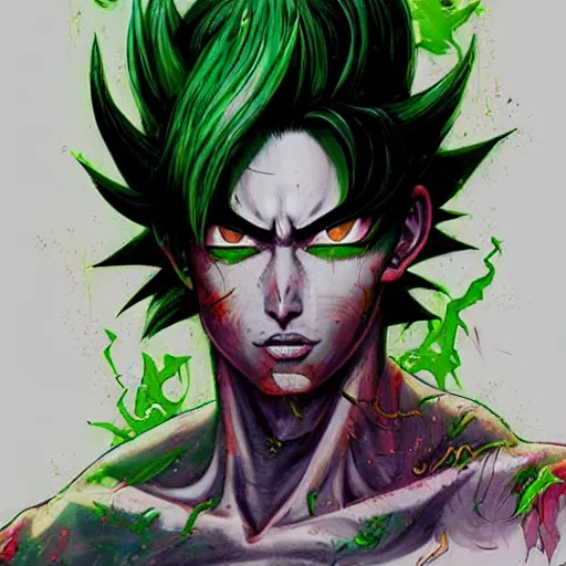 Image similar to a Demon Slayer portrait of Son Goku , tall, pale-skinned, and slender with lime green eyes and long eyelashes by Stanley Artgerm,Tom Bagshaw,arthur adams, Carne Griffiths, trending on Deviant Art,street art,face enhance,chillwave,maximalist,full of color, glittering