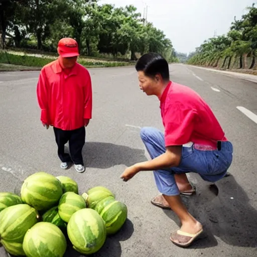 Image similar to xi jinping selling watermelons on the side of the road