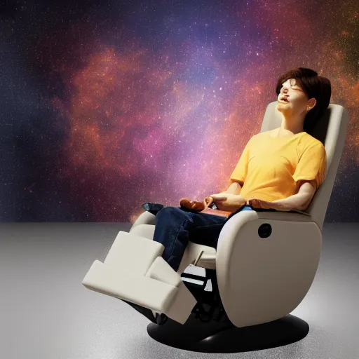 Prompt: recliner chair floating in space, acupuncture treatment, rendered in octane, 8 k, photorealistic person receiving acupuncture, galactic background, dreamy, dramatic lighting, universe scale