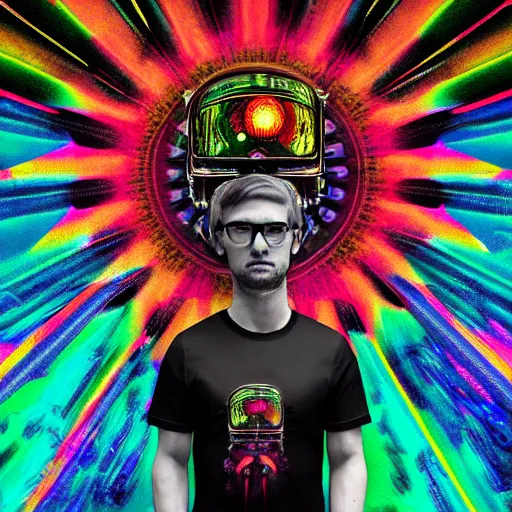 Image similar to mockup of a black tshirt with a hyperdetailed portrait of a steampunk robot on lsd, 8 k, symetrical, flourescent colors, happy trippy mood, multicolored,