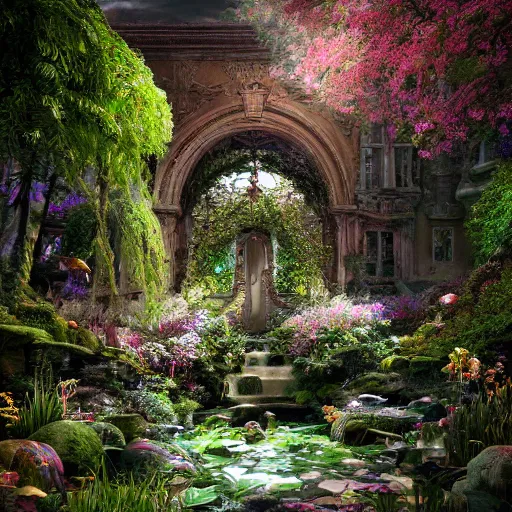 Image similar to mystical and beautiful secret garden, hyperrealistic photograph, dim volumetric lighting, 8 k, octane beautifully detailed render, extremely hyper detailed, intricate, epic composition, cinematic lighting, masterpiece, trending on artstation, very very detailed, stunning, hdr, smooth, sharp focus, high resolution, award, winning photo, dslr, 5 0 mm