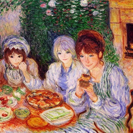 Image similar to harvest moon a wonderful life waifus eating dinner by a fireplace, warm place, tasty - looking food, happy, painted by claude monet