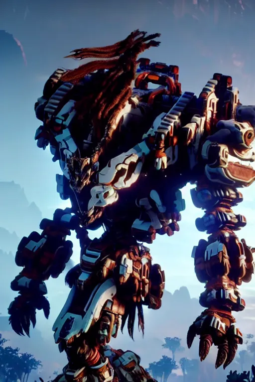 Prompt: a cinematic still from horizon zero dawn, full body mech, octane render, nvidia raytracing demo, masterpiece, aged armor plating, decipticon armor plating, aggressive head, endoekeleton exposure