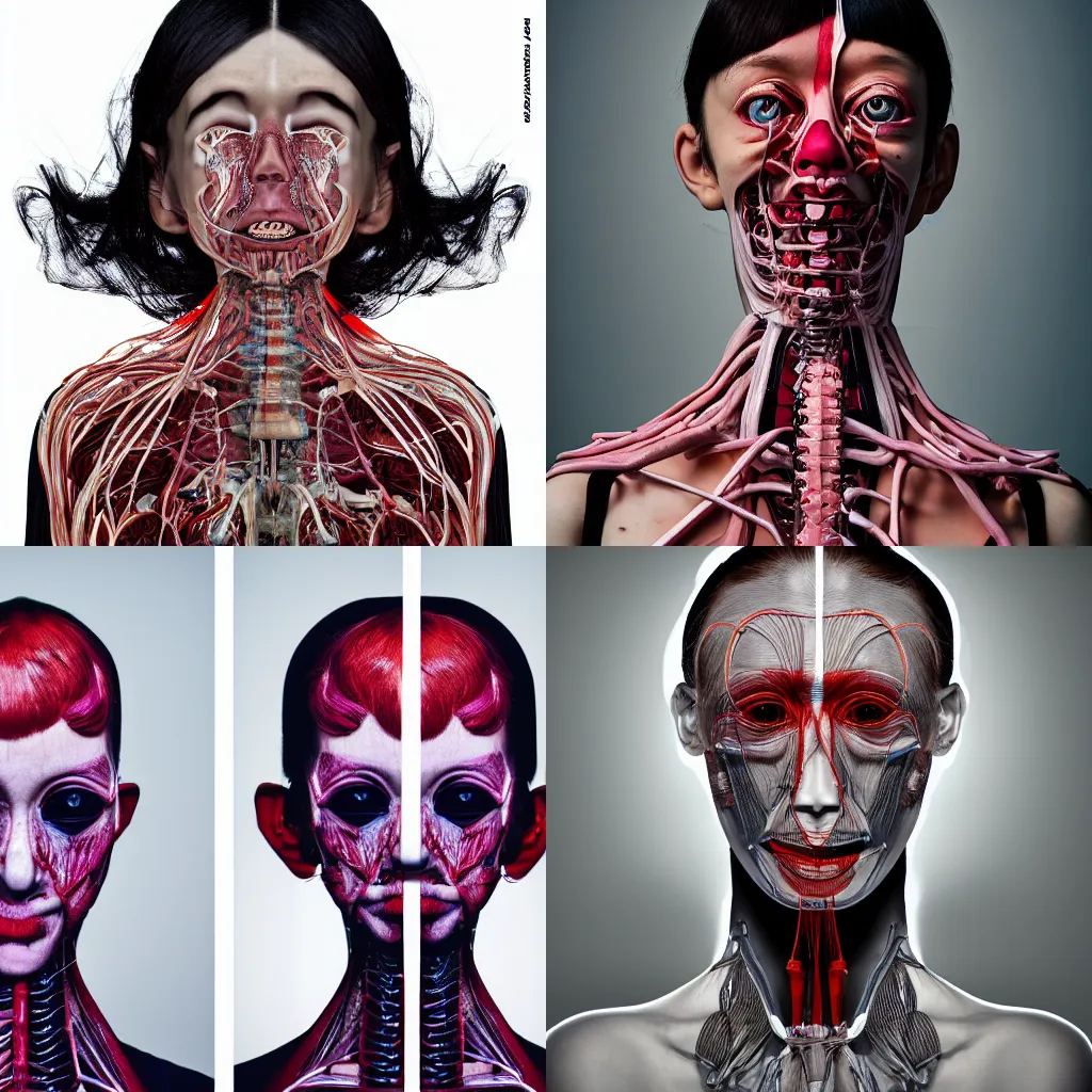 Prompt: kodak portra, 8 k, shintaro kago, studio light, fashion photography portrait, symmetrical, woman with head splitting in two showing exploded view anatomy, head neck and shoulders, conjoined twin