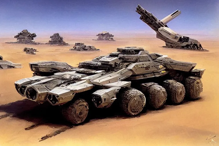 Image similar to a futuristic troop transport with eight wheels and a huge laser cannon on top driving across a vast desert, painting by john berkey