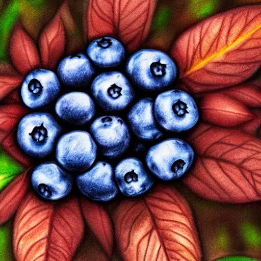 Image similar to drawing of closeup of leafy blueberry bush in a nordic forest. Digital art. 4K. Artistic. Detailed drawing. Trending on artstation.