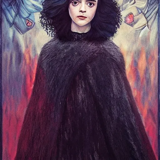 Prompt: a combination of Maisie Williams, Krysten Ritter, Anne Hathaway and Natalia Dwyer Christina Ricci and Lily Collins by Remedios Varo