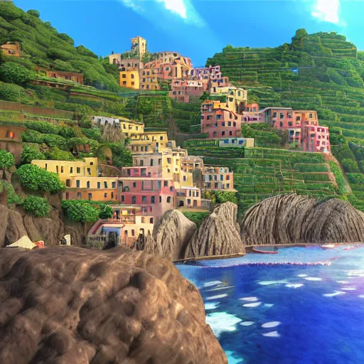 Prompt: pixar 3D render, by studio ghibli, (french bande dessinée), fantasy setting, mediterranean landscape, quaint village, cinq terre, highly detailed, luminous, style by moebius, concept art, unreal engine