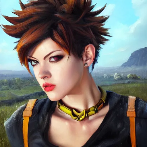 Image similar to oil painting of tracer overwatch in a field, in style of mark arian, expressive face, very detailed face, wearing black steel choker, very detailed eyes, full body, feminine face, detailed makeup on eyes,