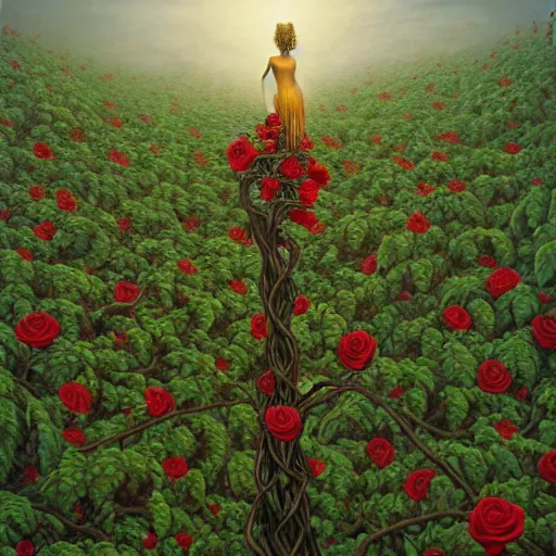 Prompt: a woman standing on a pile of vines and roses by jacek yerka, alex gray, zdzisław beksiński, dariusz zawadzki, jeffrey smith and h.r. giger, oil on canvas, 8k highly professionally detailed, trending on artstation