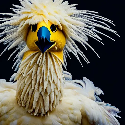 Image similar to portrait of big bird flying majestically into a jet engine, correct face, bloody jet engine, guts and feathers everywhere, uhd hyperdetailed photo by annie leibowitz 5 0 mm lens