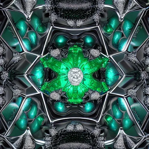 Prompt: abstract fractal shapes of emerald jewels and diamond and silver on mirror ground, beautiful abstract sculpture with realistic render, high definition, octane, unreal 5, 3 d reflections