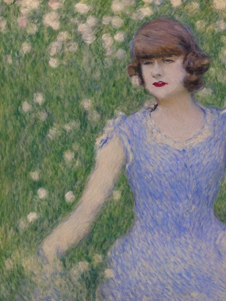 Image similar to portrait of < zelda fitzgerald > as a beautiful young lady wearing 1 9 2 0 s fashion, blurry face, fair, slim, fair, severe out of focus, depth of field, pleinairism, in the sun, backlit, closeup, oil on canvas, atr by monet, in the style of le promenade, smooth, impressionnisme, 8 k