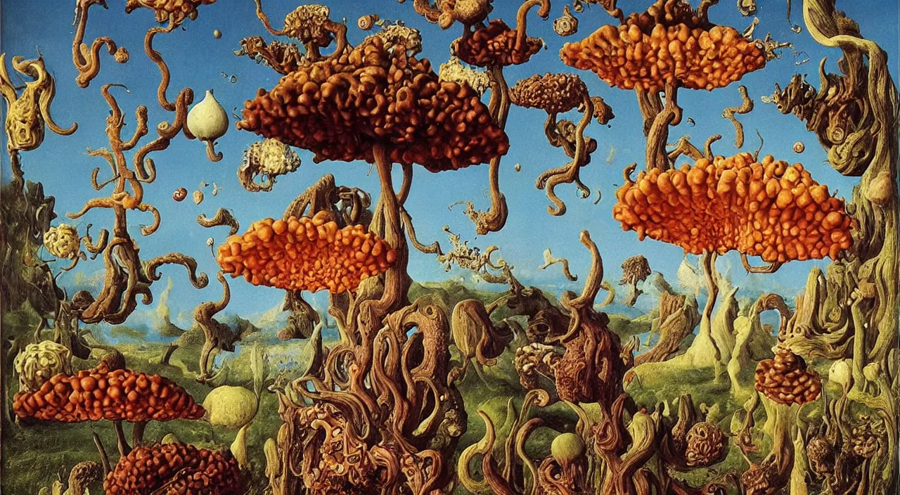 Image similar to a single colorful! ( lovecraftian ) fungus tower white! clear empty sky, a high contrast!! ultradetailed photorealistic painting by jan van eyck, audubon, rene magritte, agnes pelton, max ernst, walton ford, andreas achenbach, ernst haeckel, hard lighting, masterpiece