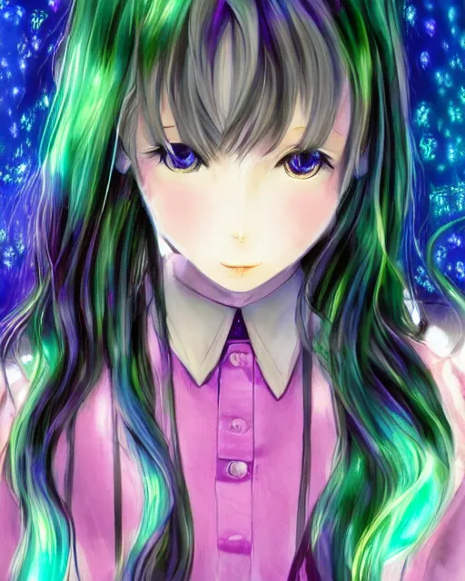 Image similar to 'a painted soul that is imagining becoming a iridescent as a cute and pretty mentally insane girl inquisitively smirks at you' 'pretty and cute teen girl wearing a private school uniform, skirt and knee high black leggings with mental insanity imagines an image of a psychic iridescent state of lucid reality.' ultra detailed realistic anime style at 16K resolution. epically surreally beautiful image. rendering amazing detail. vivid clarity. ultra shadowing. mind-blowing quality. really cool 3D shadowing. masterpiece illustration.