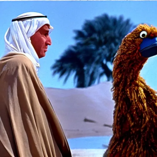 Image similar to a film still of big bird in lawrence of arabia ( 1 9 6 2 ) technicolor