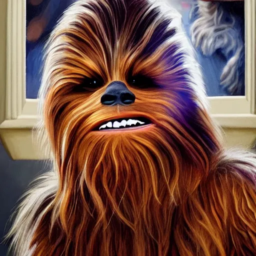 Prompt: chewbacca getting his hair cut at the barber, painting, 8k, artstation, hyperrealistic, extreme details