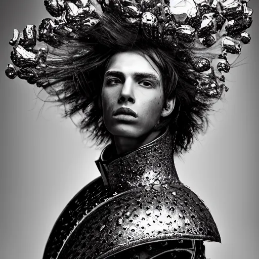 Image similar to a portrait of a beautiful young male wearing an alexander mcqueen armor made of hail , photographed by andrew thomas huang, artistic