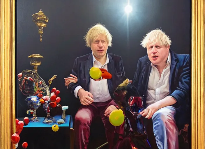 Image similar to rishi sunak and boris johnson in heaven, abstract oil painting by gottfried helnwein pablo amaringo raqib shaw zeiss lens sharp focus high contrast chiaroscuro gold complex intricate bejeweled
