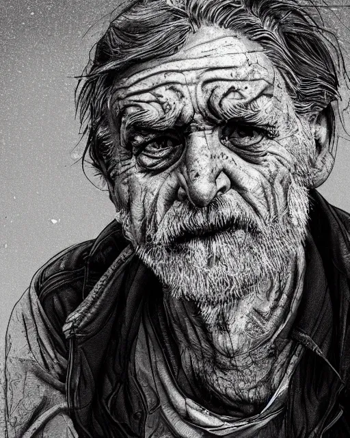 Image similar to closeup portrait of a dirty tired old man man standing on a bridge, detailed illustration, digital art, trending on artstation, martin ansin, b & w,