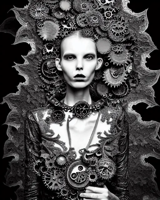 Image similar to surreal dark poetic black and white photo portrait of complex bio-mechanical beautiful young silver female vegetal-cyborg with a Mandelbrot fractal steampunk metal fine lace face, a very long neck and a fine metal floral foliage super big lace collar by Vivienne Westwood:: smoke, high fashion, haute couture, rococo, steampunk, avant-garde, silver filigree details, anatomical, facial muscles, cable wires, microchip, elegant, dreamy, foggy atmosphere, hyper realistic, 150 mm lens, soft rim light, octane render, unreal engine, picture was taken in 1910 by Man Ray, volumetric lighting, dramatic light,8k,