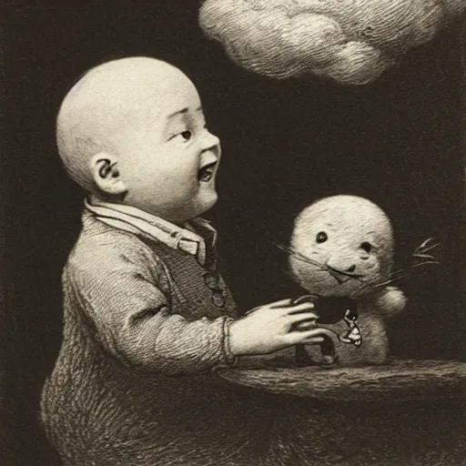 Image similar to candid portrait of baby faced white ball smiling wide, surrounded by clouds, illustrated by peggy fortnum and beatrix potter and sir john tenniel
