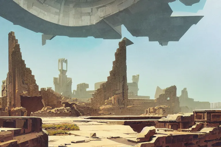 Prompt: an architectural painting of the ruins of an archaic city of ancient persia floating in the sky by syd mead and frazetta and james gilleard in the style of hugh ferriss, ancient persian architecture by hugh ferriss and peter mohrbacher