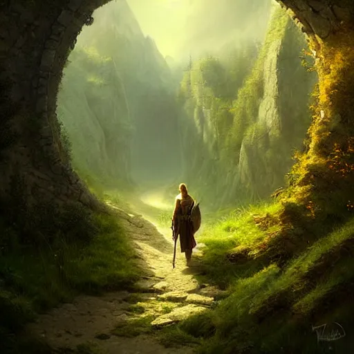 Image similar to beautiful matte painting by arthur gurin concept art of archway fantasy path into the mountainous sloping meadow and slightly forested background void of people, atmospheric lighting, painted, intricate, volumetric lighting, beautiful, rich deep colors masterpiece, sharp focus, ultra detailed by