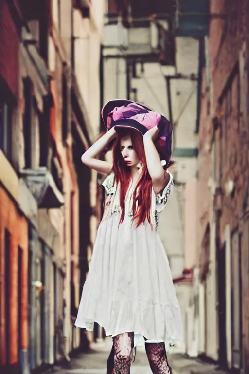 Prompt: soft grunge teen girl runaway dress fashion zine, cyber night streets, realistic fashion photography