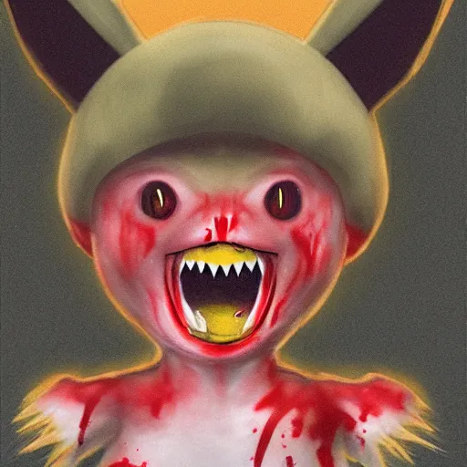 Image similar to ultra realistic pikachu from pokemon with a bloody smile + mouth full of sharp fangs + horror vibe + by junji ito - w 1 0 2 4