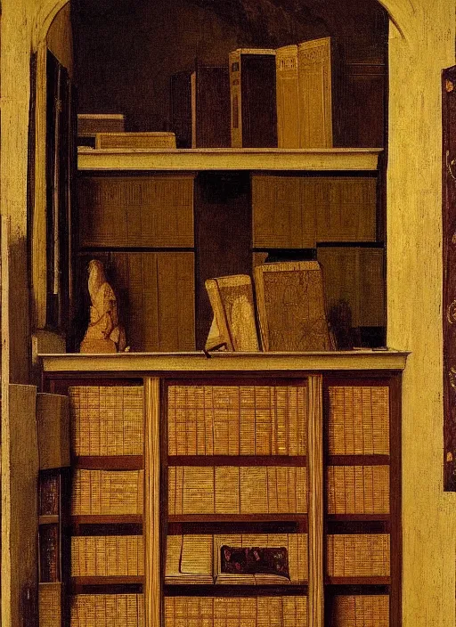 Image similar to bookshelf with books, medieval painting by jan van eyck, johannes vermeer, florence