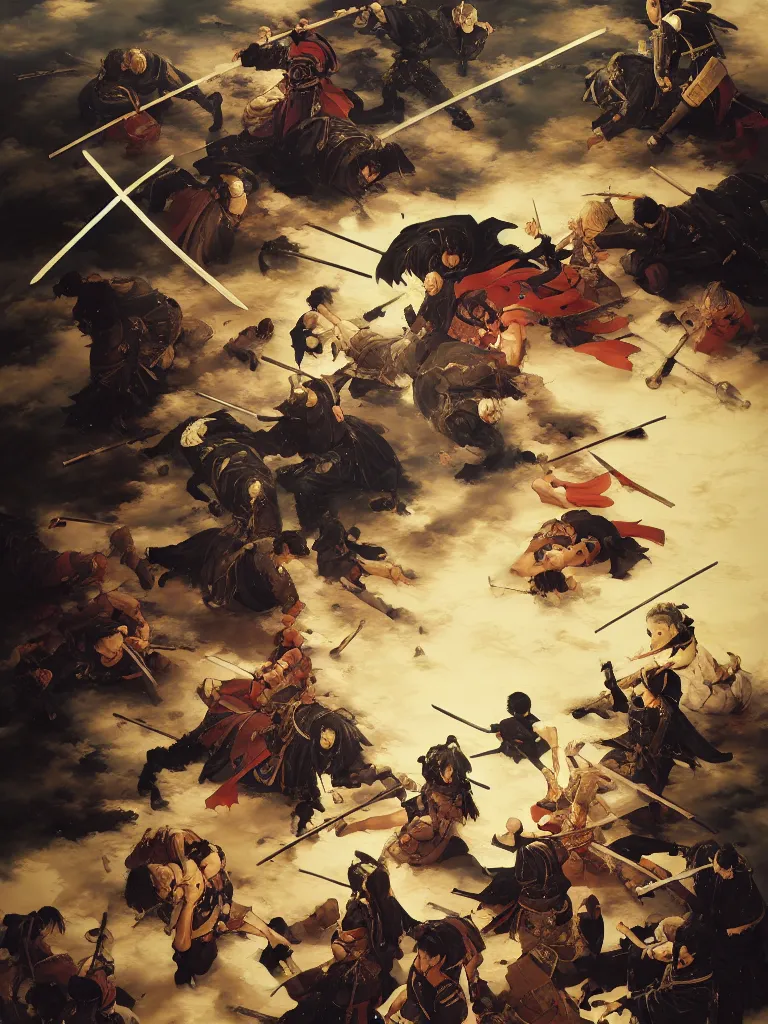 Prompt: baroque oil painting of key visual large scale samurai battle, brutalist fantasy, rule of thirds golden ratio, fake detail, trending pixiv fanbox, acrylic palette knife, style of makoto shinkai ghibli takashi takeuchi yoshiyuki sadamoto jamie wyeth james gilleard greg rutkowski chiho aoshima