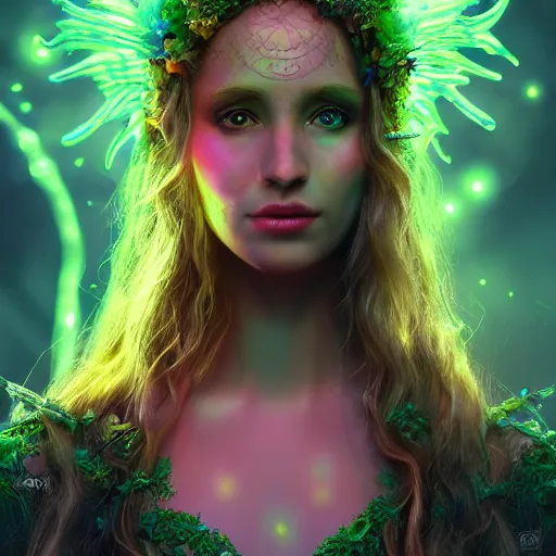 Image similar to Photorealistic elvish goddess in a magical bioluminescent forest Hyperdetailed photorealism, 108 megapixels, amazing depth, glowing rich colors, powerful imagery, psychedelic Overtones, 3D finalrender, 3d shading, cinematic lighting, artstation concept art