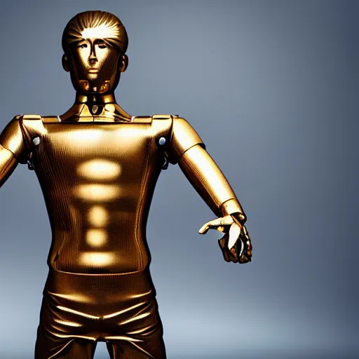 Image similar to a realistic detailed photo of a guy who is an attractive humanoid who is half robot and half humanoid, who is a male android, attractive and handsome soccer players, shiny skin, posing like a statue, blank stare, in a factory, on display, showing off his muscles, gold soccer shorts, side view, looking at each other mindlessly