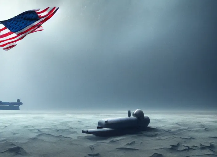 Image similar to astronaut holding a flag in an underwater desert. a submarine is visible in the distance. dark, concept art, cinematic, dramatic, atmospheric, 8 k, trending on artstation, blue, fish, low visibility, fog, ocean floor, christopher nolan, interstellar