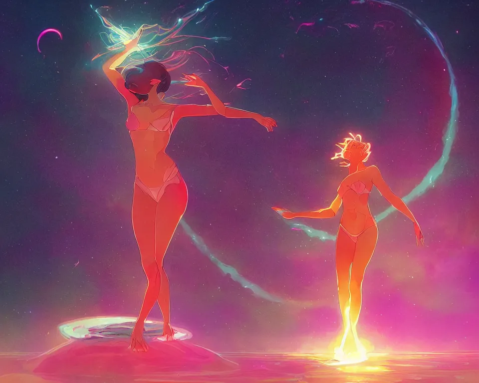 Image similar to a beautiful whimsical goddess standing on a lake basking in the moonlight, firebending, underneath a multi-colored binary blackhole with an accretion disc, glowing trails following her arms, wearing professional makeup, synthwave, by Lois van Baarle, by Greg Rutkowski, by artgerm, by beeple, by studio ghibli, cinematic angle, volumetric lighting, 4k resolution, octane render, trending on artstation, masterpiece