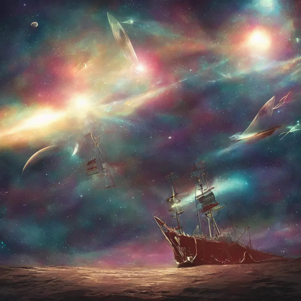 Prompt: tall ship in space. sci fi illustration. muted colour starscape. beautiful lighting and composition. science fiction. colourful graphic novel. digital art